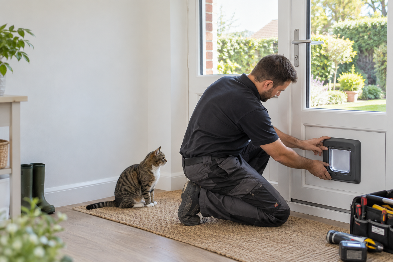Professional cat flap fitter beside a British home door with a neatly fitted cat flap